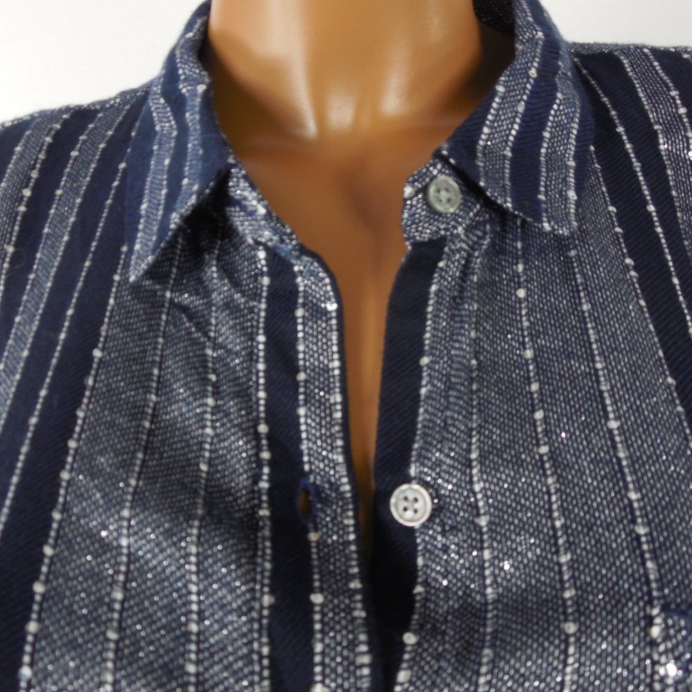 STYLE & CO Top L Navy Blue Striped Button Down Blouse Sequin Detail Party Shirt - Picture 5 of 13